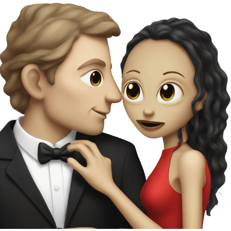 White man in black dress hugs and kissing Alien reptilian woman in red dress  emoji