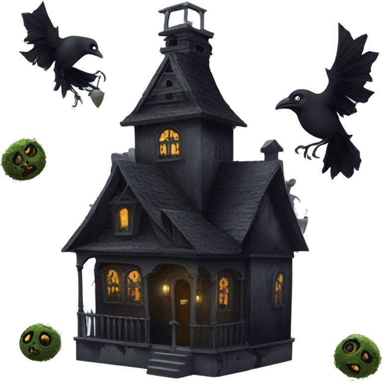 Nevermore Academy. Haunted Addams house. birdhouse slightly mossy and spider webs  emoji