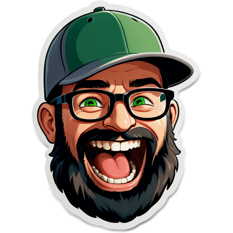 A man with a grey baseball cap, green eyes, big dark brown beard and glasses, laughing out loud  emoji