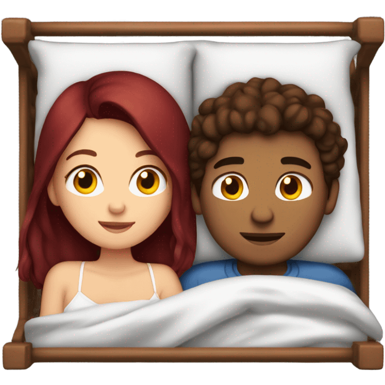 Burgundy haired girl and brunette boyfriend cuddling in bed emoji