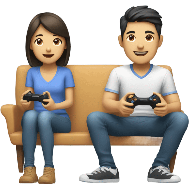 Cute Asian Couple sitting together and having fun playing video games emoji