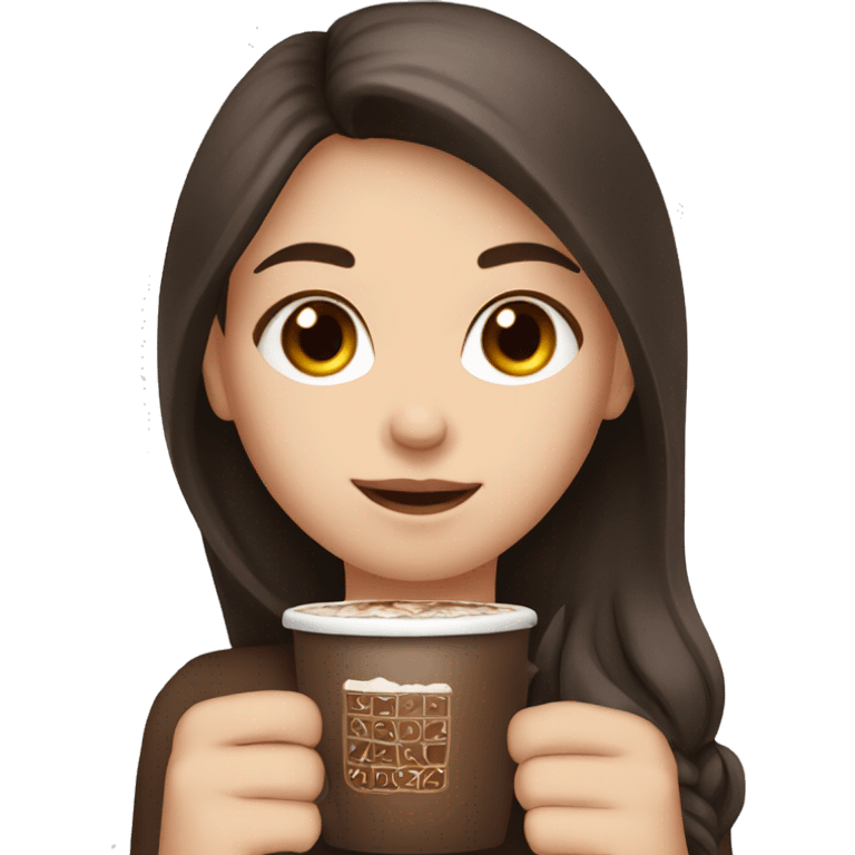 white girl with dark brown long hair and a hot chocolate emoji