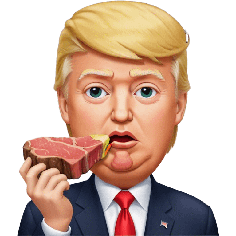 photorealistic Donald Trump eating a steak shaped like an earth emoji