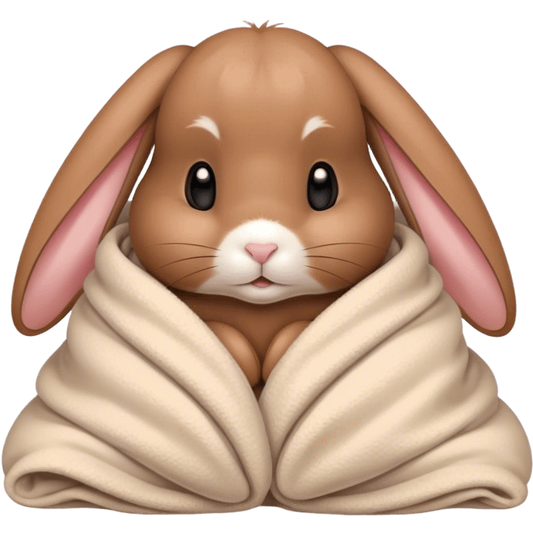 Floppy-eared brown bunny cozy in blanket  emoji