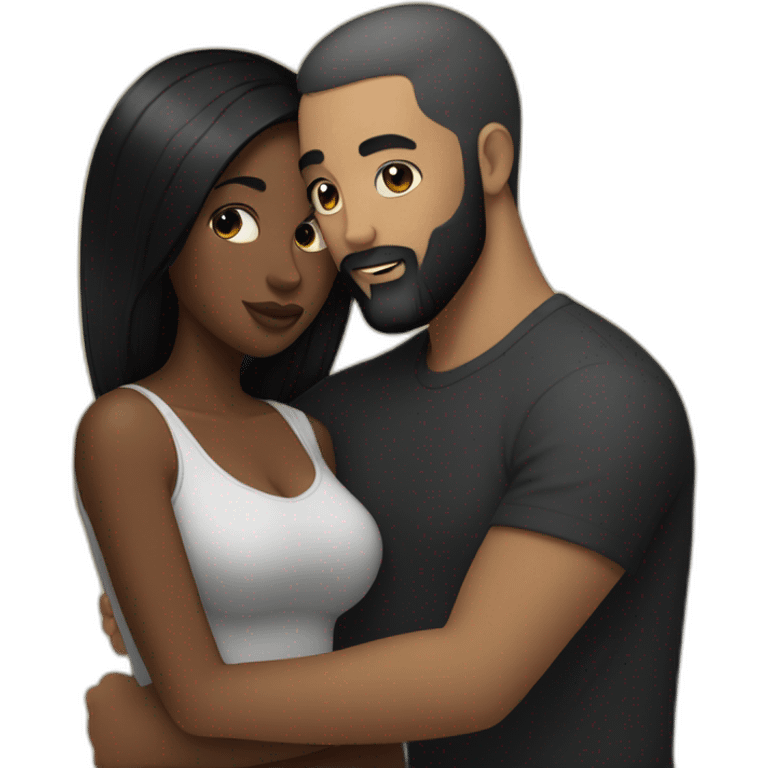 White man with very short black hair and a black beard cuddling a black curvy woman with long black straight hair emoji