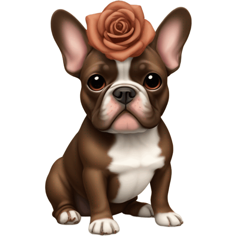 Tan and Chocolate brown French bulldog with a rose on its head emoji