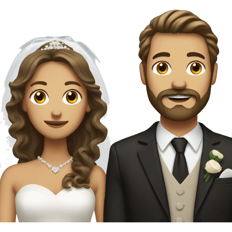 Tan woman bride with long hair wavy and white husband with brown hair, beard, and mustache  emoji