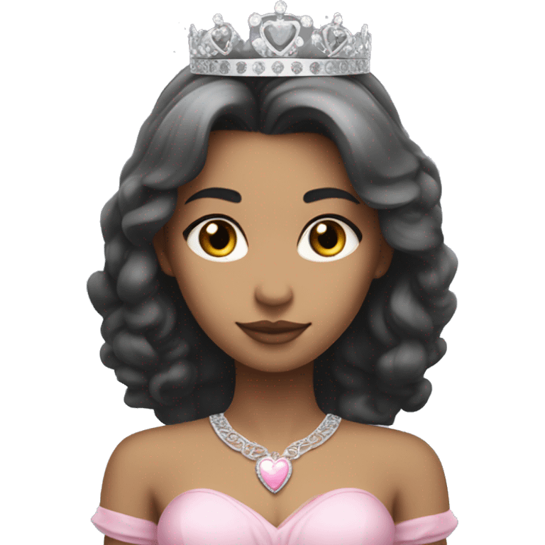 Princess with halo with light skin tone with long black hair with bang with silver pink heart tiara and pink dress emoji