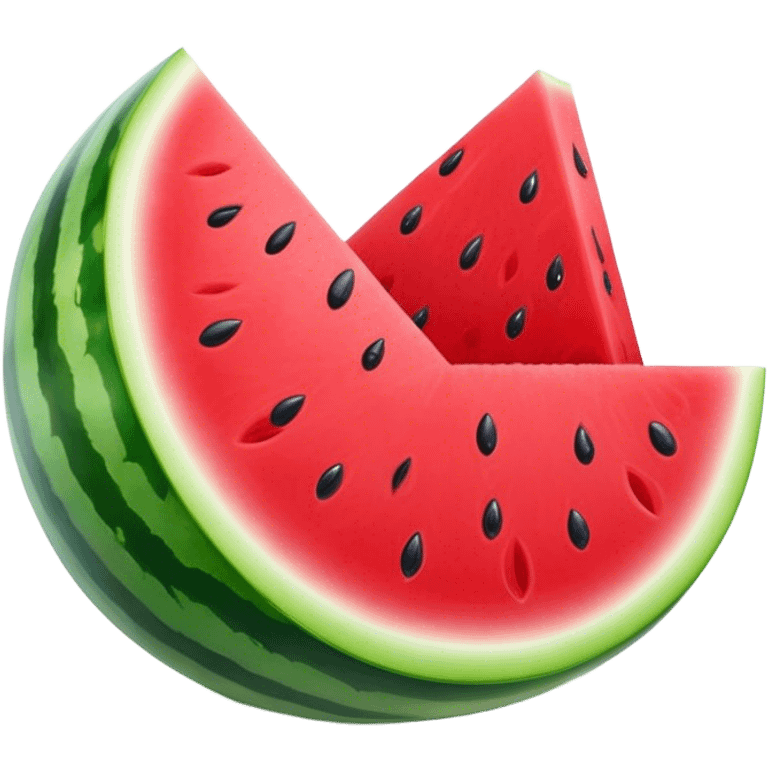 Cinematic juicy watermelon, thick slices revealing vibrant red interior, glossy and glistening with tiny black seeds, fresh and refreshing, soft glowing background, summer vibes. emoji