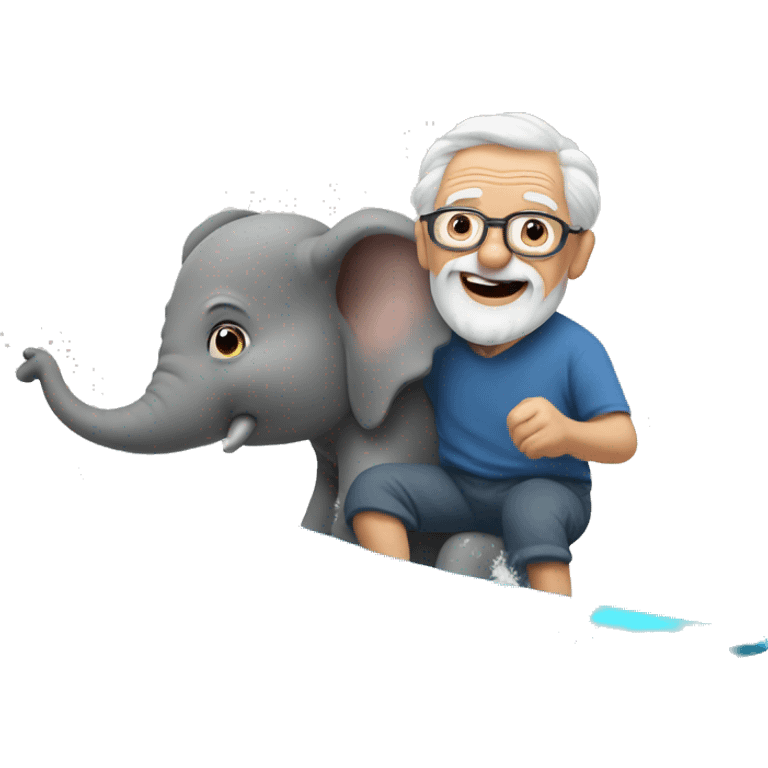 Grandpa surfs on the waves holding an elephant in his hands emoji