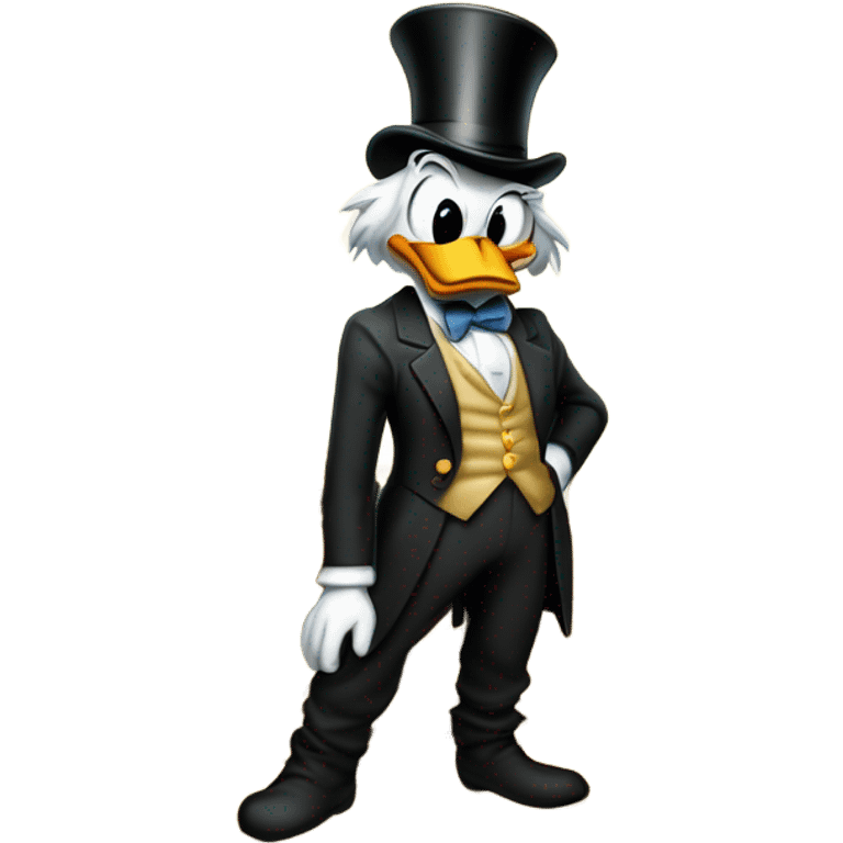 a slim successful looking scrooge mcduck standing atop a pile of money emoji