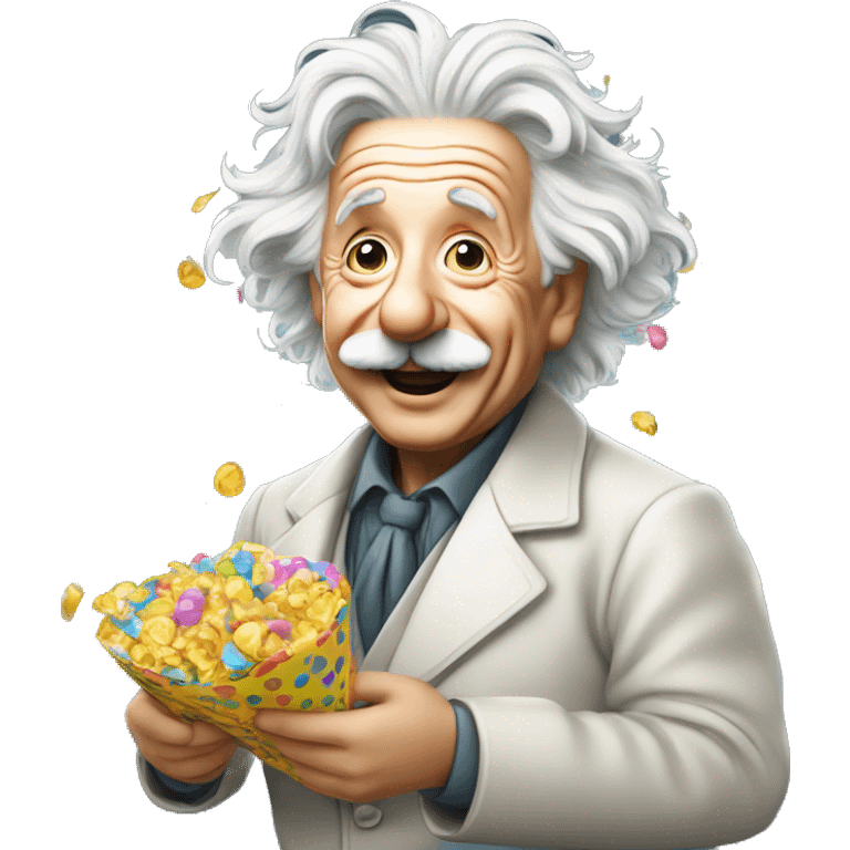 happy albert einstein holding confeti  in one hand emoji