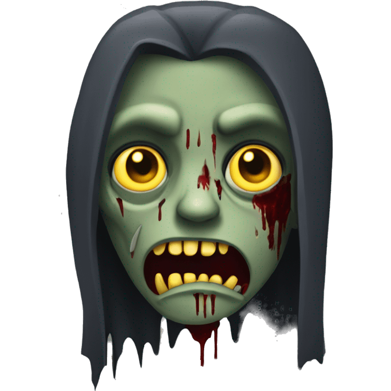 zombie vampire with a dark monochrome skin and a sad face with yellow and sharp teeth and blood and long hair covering the face emoji