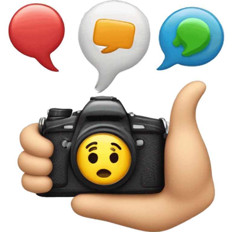 An emoji depicting challenge videos, featuring a camera and two hands giving a thumbs up, with colorful question marks and exclamation points around, symbolizing fun, excitement, and various challenges emoji