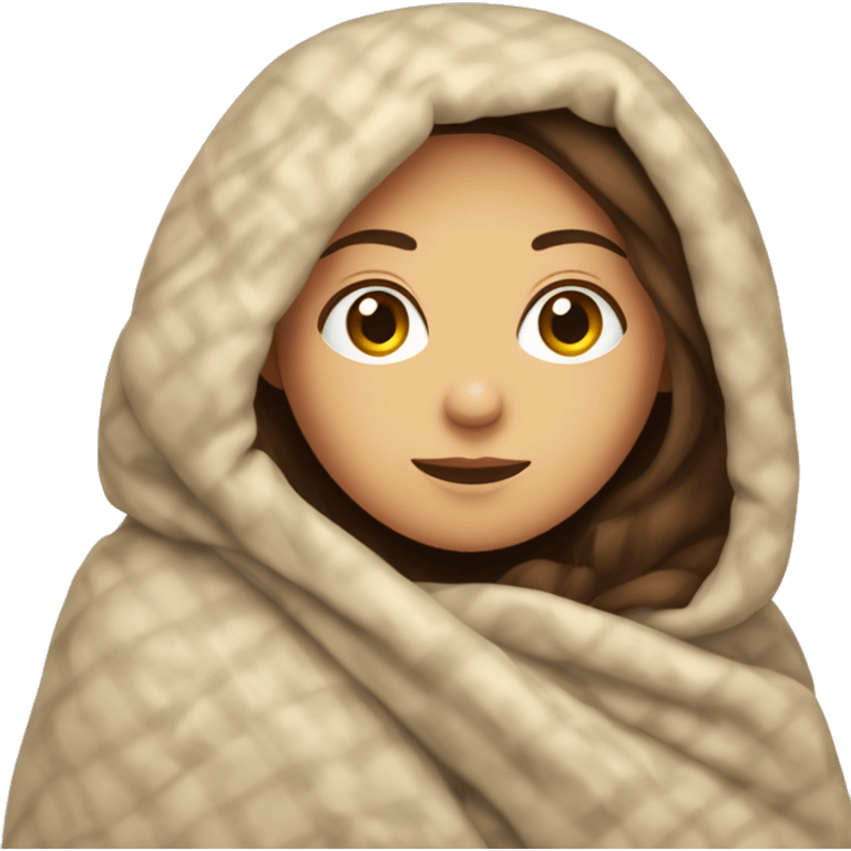 Brunette caucasian woman cuddled in a big blanket emoji