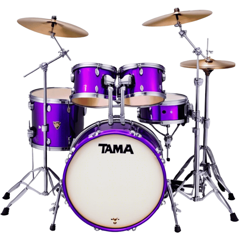  "Create a vibrant and detailed emoji representing Lars Ulrich's Tama Starclassic drum kit. The design should feature a sleek, glossy purple drum kit with glittering accents, including two large bass drums positioned side by side. The snare drum, toms, and cymbals should be clearly visible, with a high-shine finish that reflects the light. Add subtle musical notes around the kit to evoke rhythm and energy. Use a color palette of deep purple, black, silver, and sparkling accents to emphasize the unique look of this iconic setup. The background should be transparent. emoji