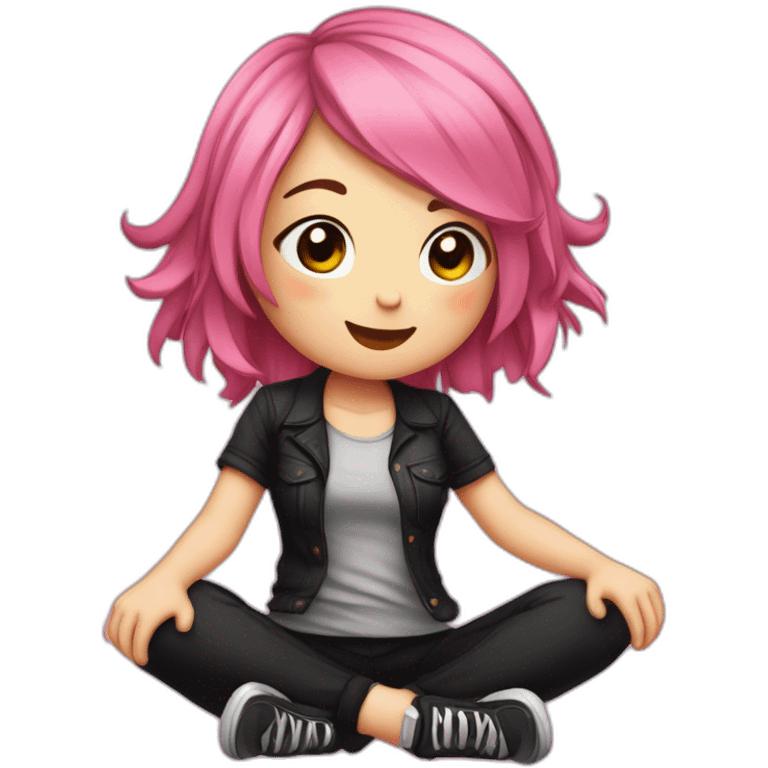 Full body Front view curvy emo girl pink hair sits on the floor straight view hands up black skirt полосатые рваные чулки emoji