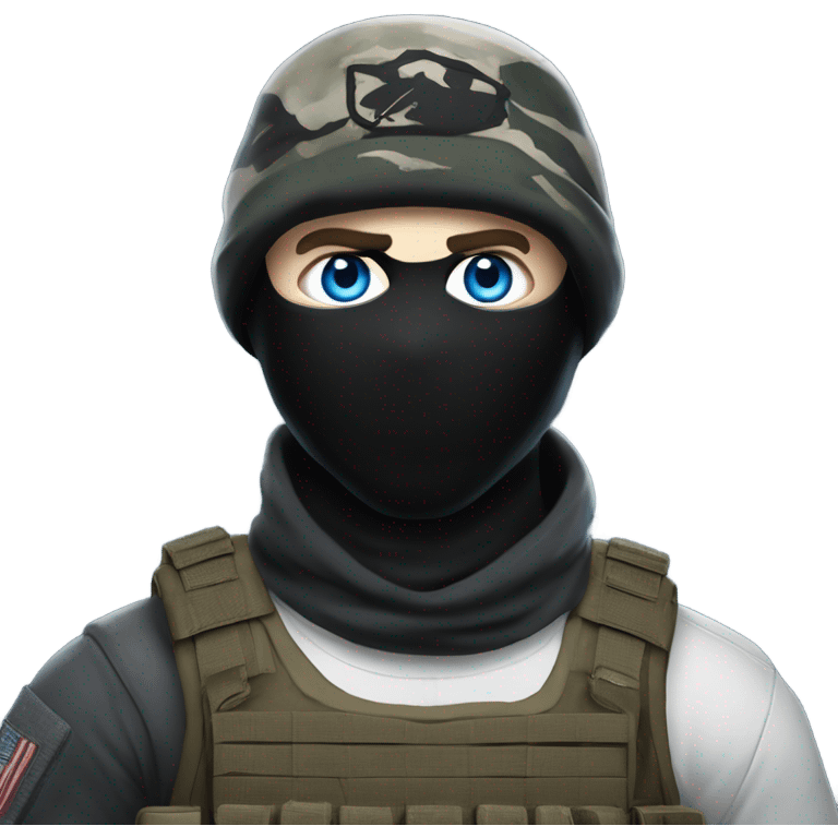 White male, call of duty black mask, camo tactical gear, combat boots, black beanie, blue eyes emoji