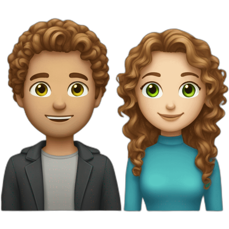 Couple. beautiful girl with light brown long curly hair and green eyes. Handsome man with brown curly hair and blue eyes emoji