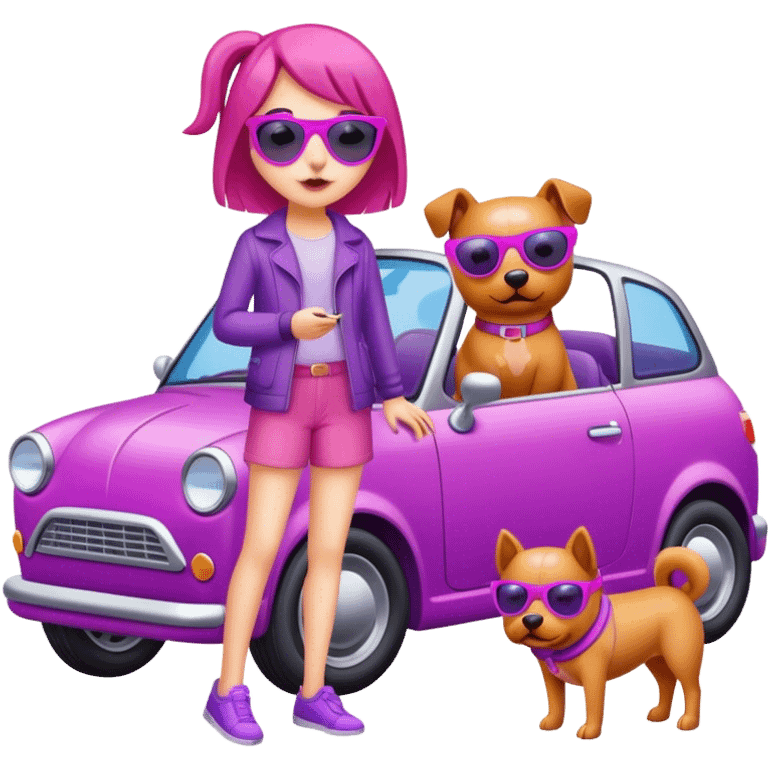 A girl with a pink dog and a purple car with yellow sunglass emoji