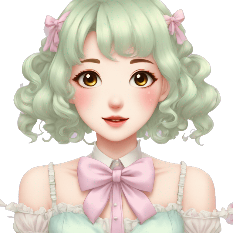 Gorgeous pastel anime style lady with blushing face and laces bow ties necklace cottagecore fairycore pastelcore colorful pearly romantic simplistic aesthetic trending style emoji