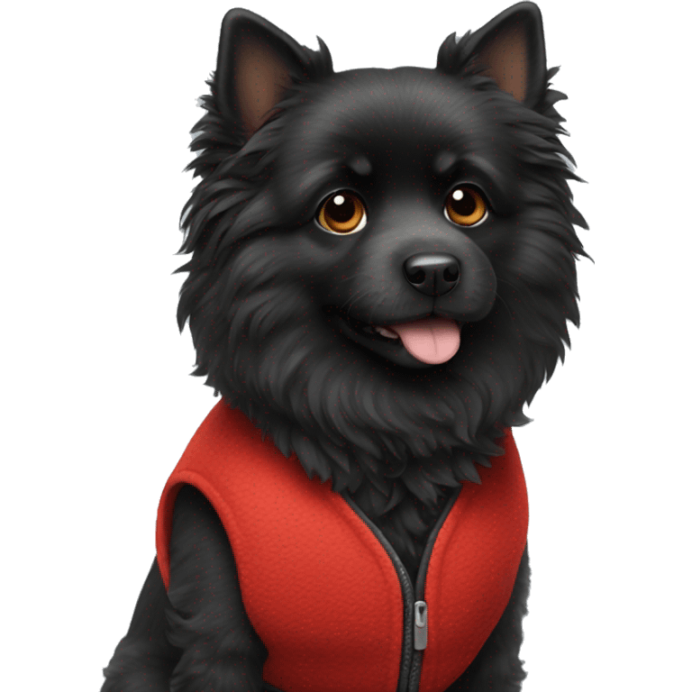 small completely black fluffy dog wearing red vest emoji