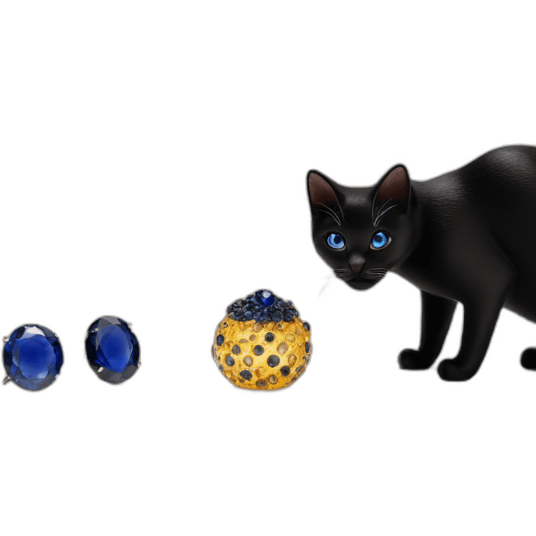 a miniature with black cat and sapphires, luxury product photography emoji