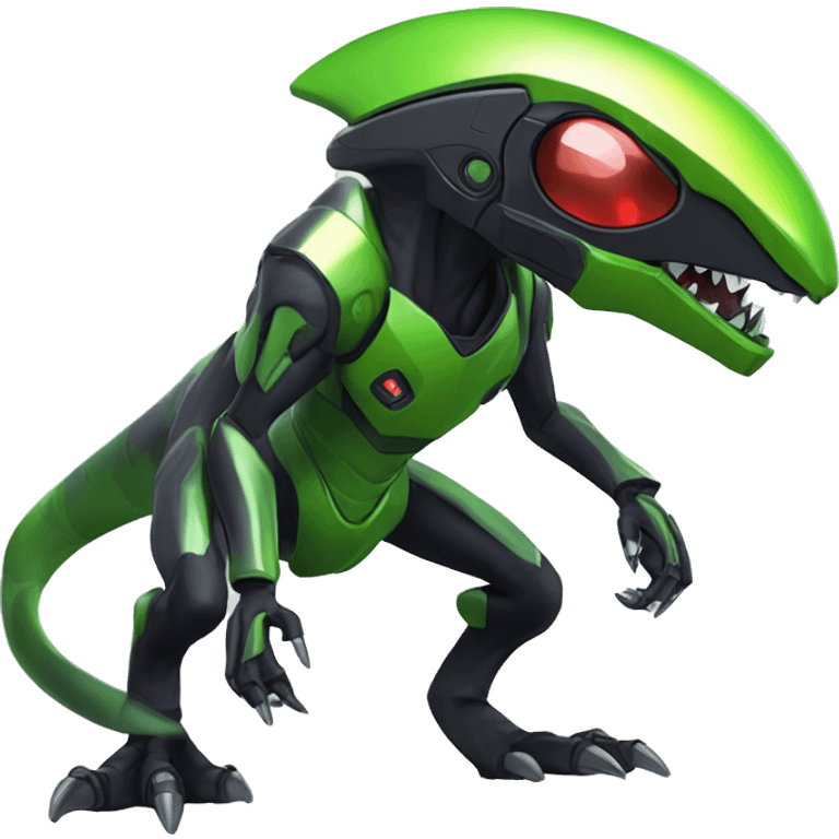 a shiny black-green Genesect-Raptor-Fakémon—hybrid with a futuristic visor-helmet full body emoji