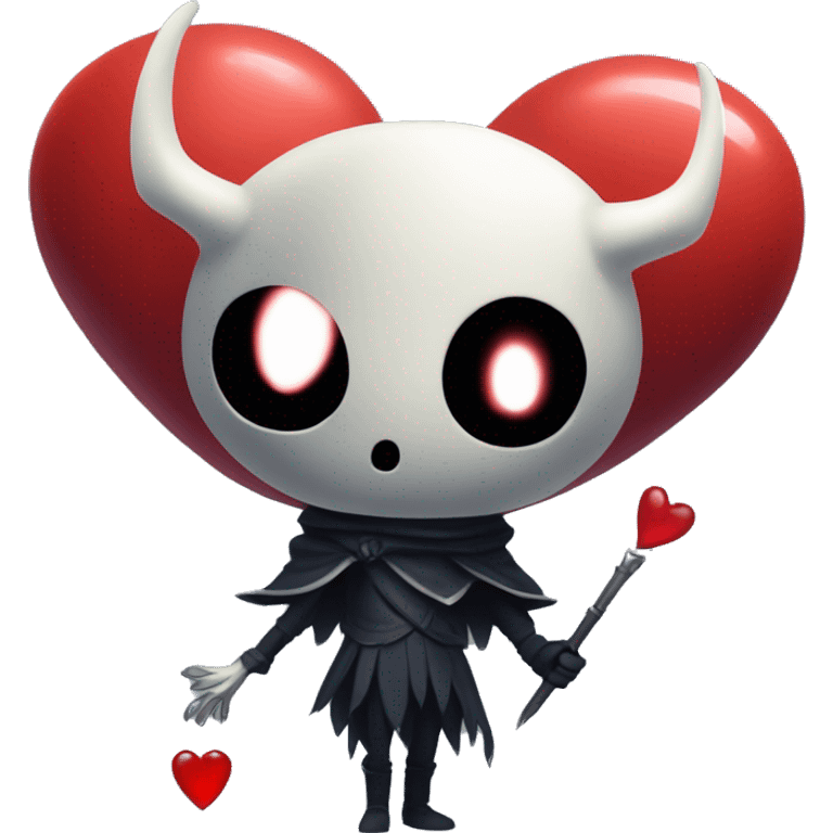 little hollow knight main character with big head and with a big red heart in his hands emoji