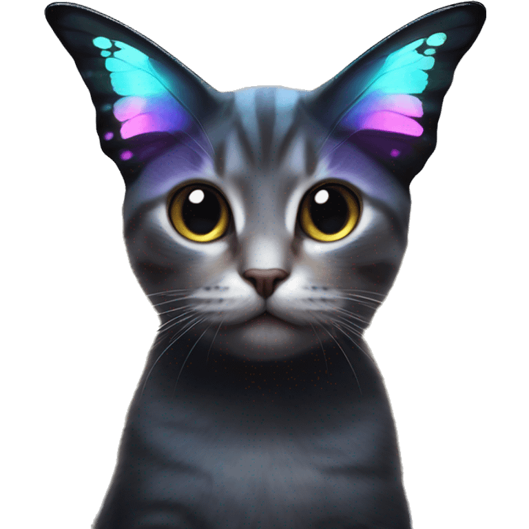 Dark iridescent butterfly glowing on top of cats head  emoji