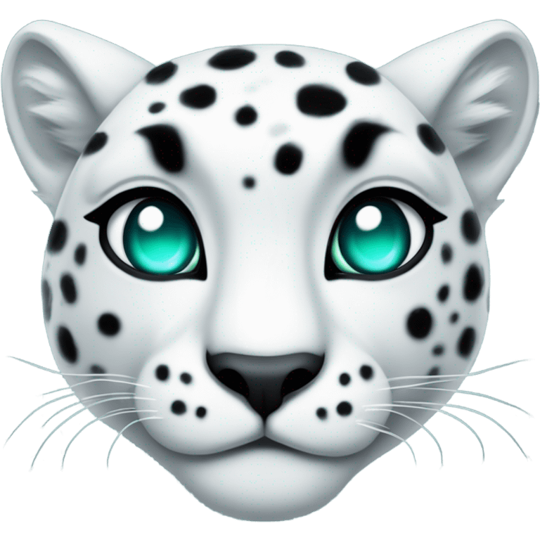 Vicious white snow leopard with black spots and entirely teal glowing eyes with no pupil  emoji