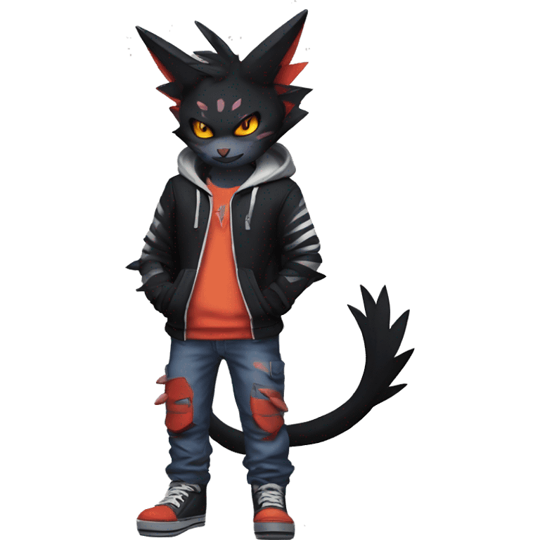 Cool Anthro Black Noibat-Quilava-Litten-Pokémon with edgy stripes hoodie spiked collar punk Full Body emoji