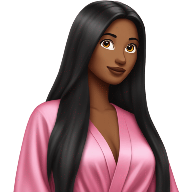 Tanned woman with long black hair wearing a silk pink Victoria’s Secret robe emoji