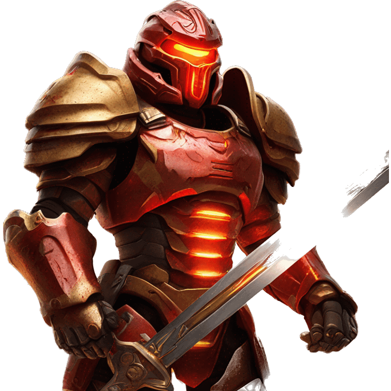 the Doom Slayer, a formidable armored warrior from a sci-fi game, clad in detailed red and gold armor, wielding a glowing sword against an apocalyptic backdrop. emoji