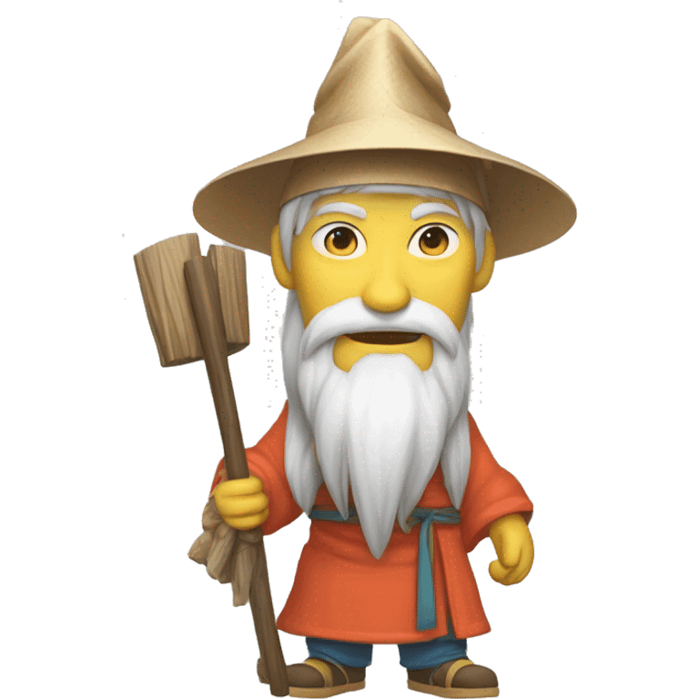 Lu Ban is a legendary figure in Chinese mythology, depicted as a clever craftsman often wearing wide robes, a broad-brimmed hat, and carrying woodworking tools. 🛠️🎩👕 emoji