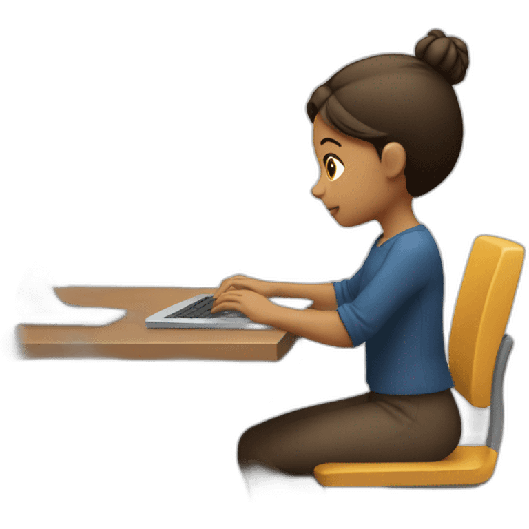 a girl seating in front of her desk, typing on a laptop side view emoji