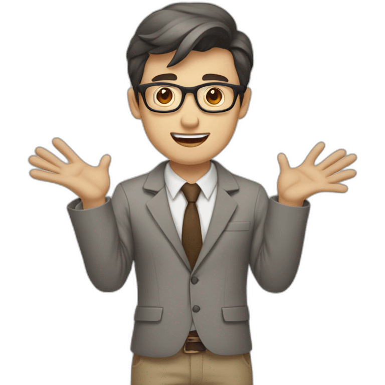 To belt Actively gesturing with hands Pale skinned fit man with dark brown hair in gray jacket, beige office shirt, brown tie, brown pants and vintage glasses. emoji