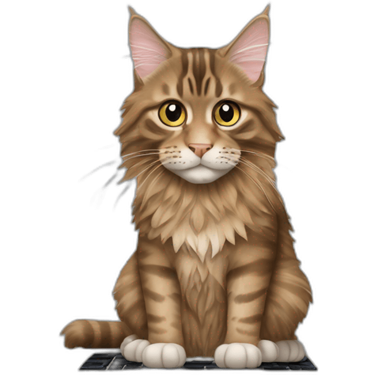 maine coon tabby cat typing in front of a screen emoji