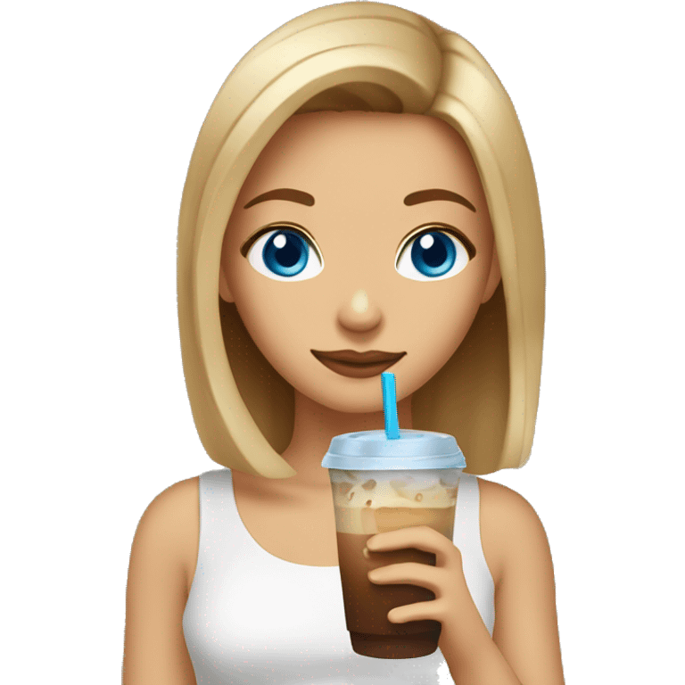 Girl with blue eyes brown hair with blonde highlights sipping iced coffee emoji