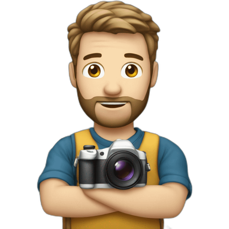 A white guy that is a profesional photographer of sailboats do it with the camera in front of his face ready to make a shot emoji