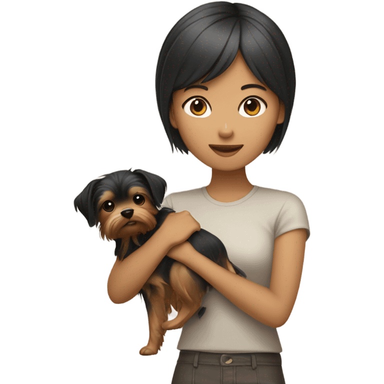 Asian girl, short hair, holding Yorkshire terrier  emoji