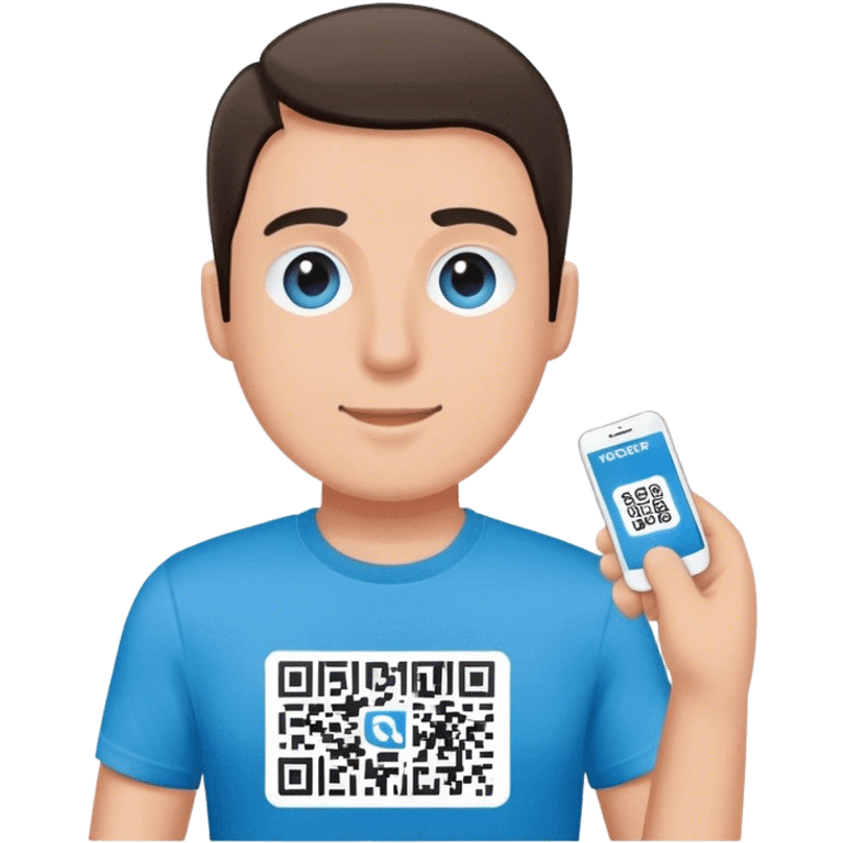 Man with pacific blue t-shirt that read a QRCODE in a ticket emoji