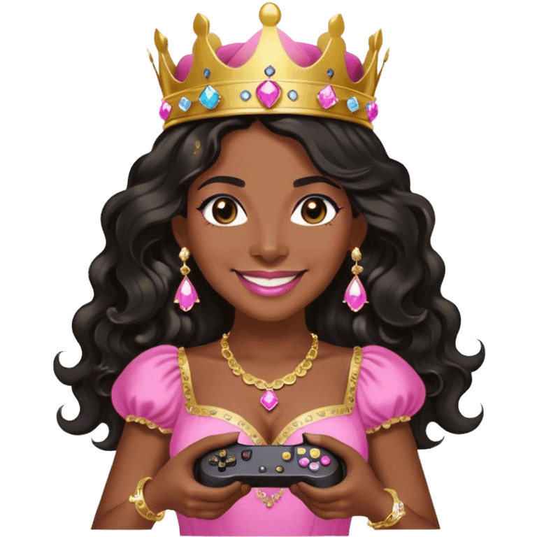 Crown dark black women smiling with really long WAVY hair pink dress pink crown facing forward black hair middle age adult woman gold gems in crown gold earrings  one woman smiling wink head only with game controller emoji