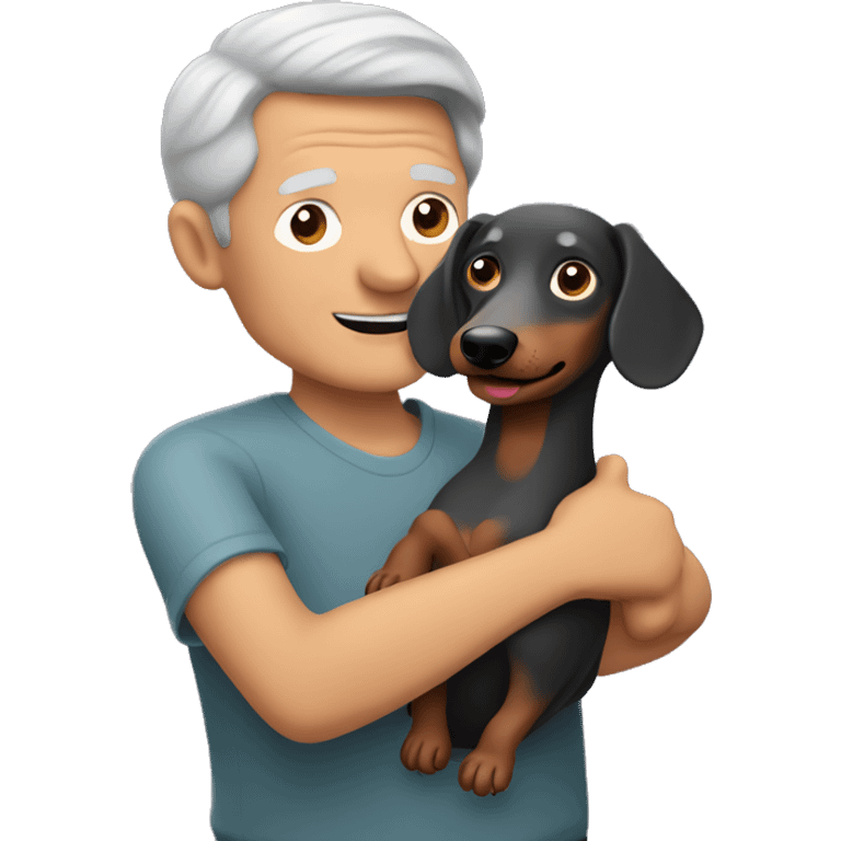 Older man with grey hair holding a dachshund in his arms emoji