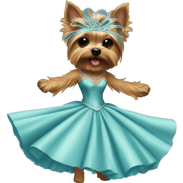 Yorkie dancing in a ballgown with a masquerade mask emoji