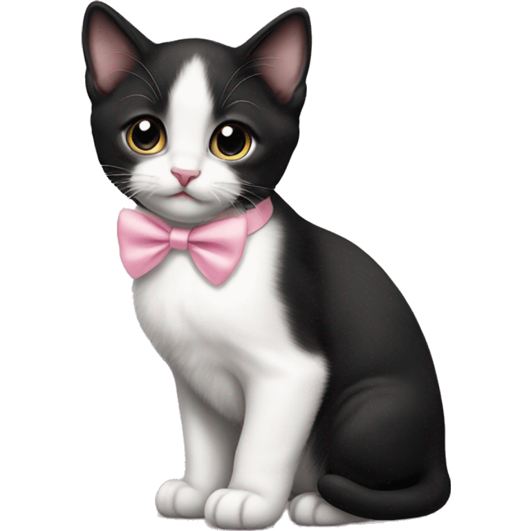 Tuxedo kitten standing. Pink bow on ear emoji