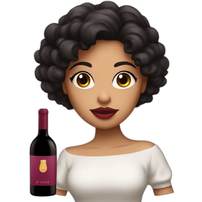 White latin girl with with pink big lips, curly black hair and wine emoji