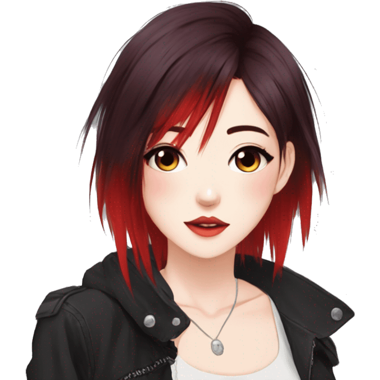 Gorgeous anime style lady with blushing face aesthetic and pretty edgy black red punk hair with hair garment trending style emoji