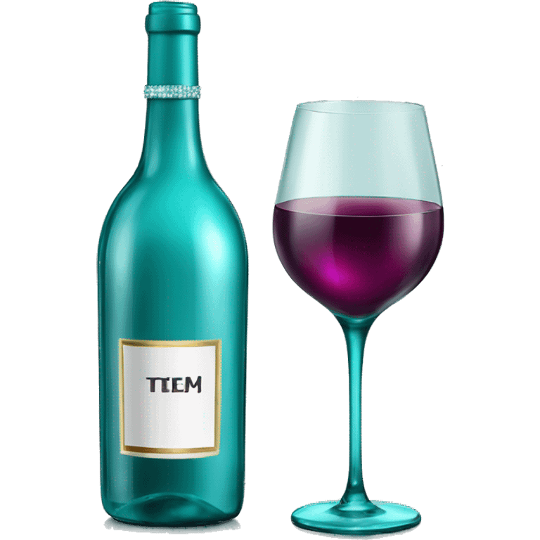 Realistic sparkling diamond glam bottle of teal Wine and matching long stem wine glass. emoji