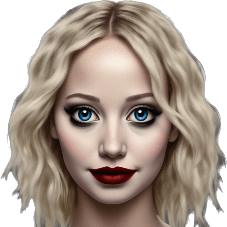 Mega Jennifer Lawrence in Harley Quinn style, oil paint, mysterious eyes, intricate lips, masterpiece portrait, odd perspective, beautiful, desirable, logical emoji